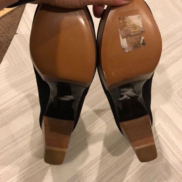 Robert Clergerie Black Suede Peep Toe Wooden Platform & Heel Sandals - Size 10 - Picture 7 of 8